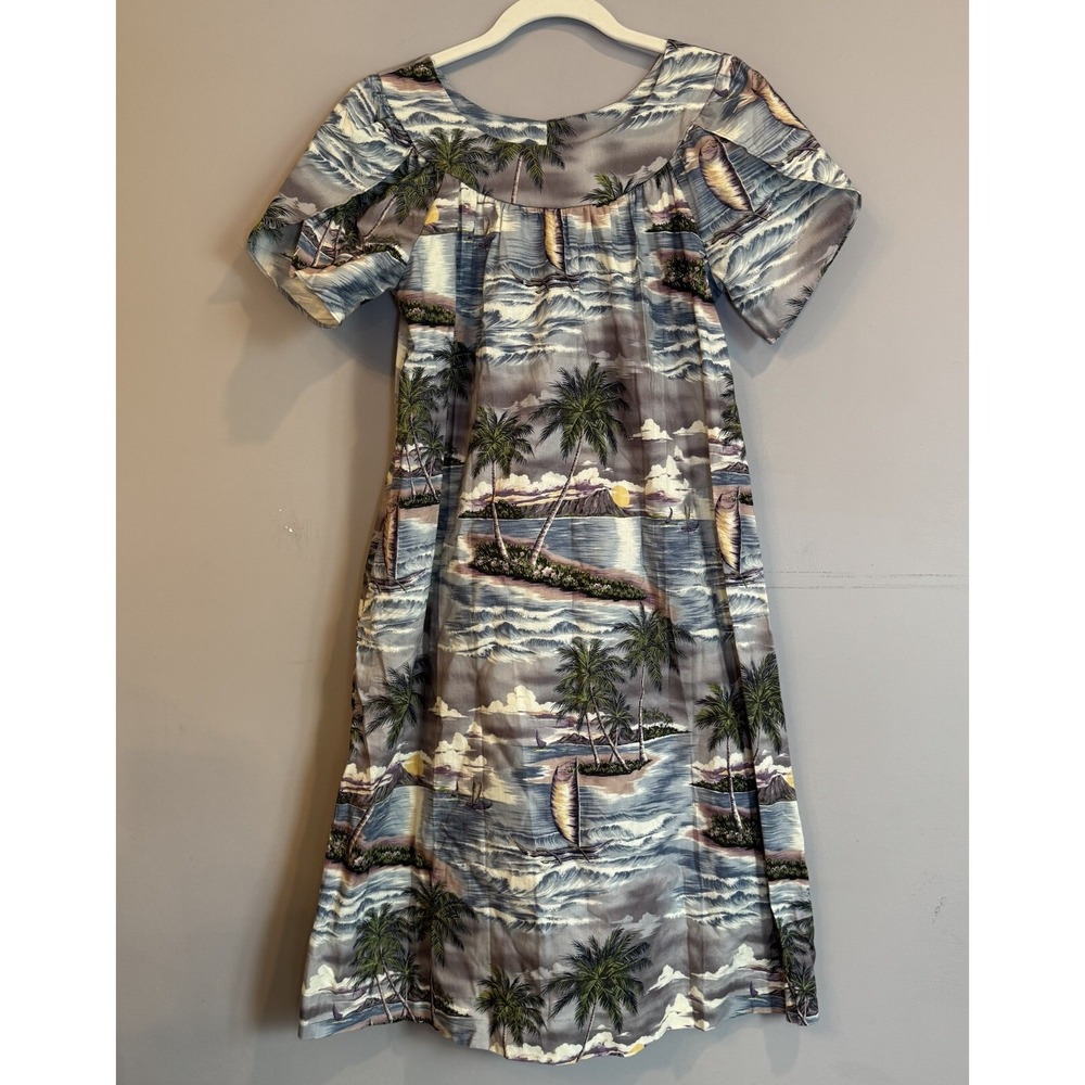 Hilo Hattie Hawaiian Tropical Palm Tree Ocean Print Ruffle Midi Dress Small